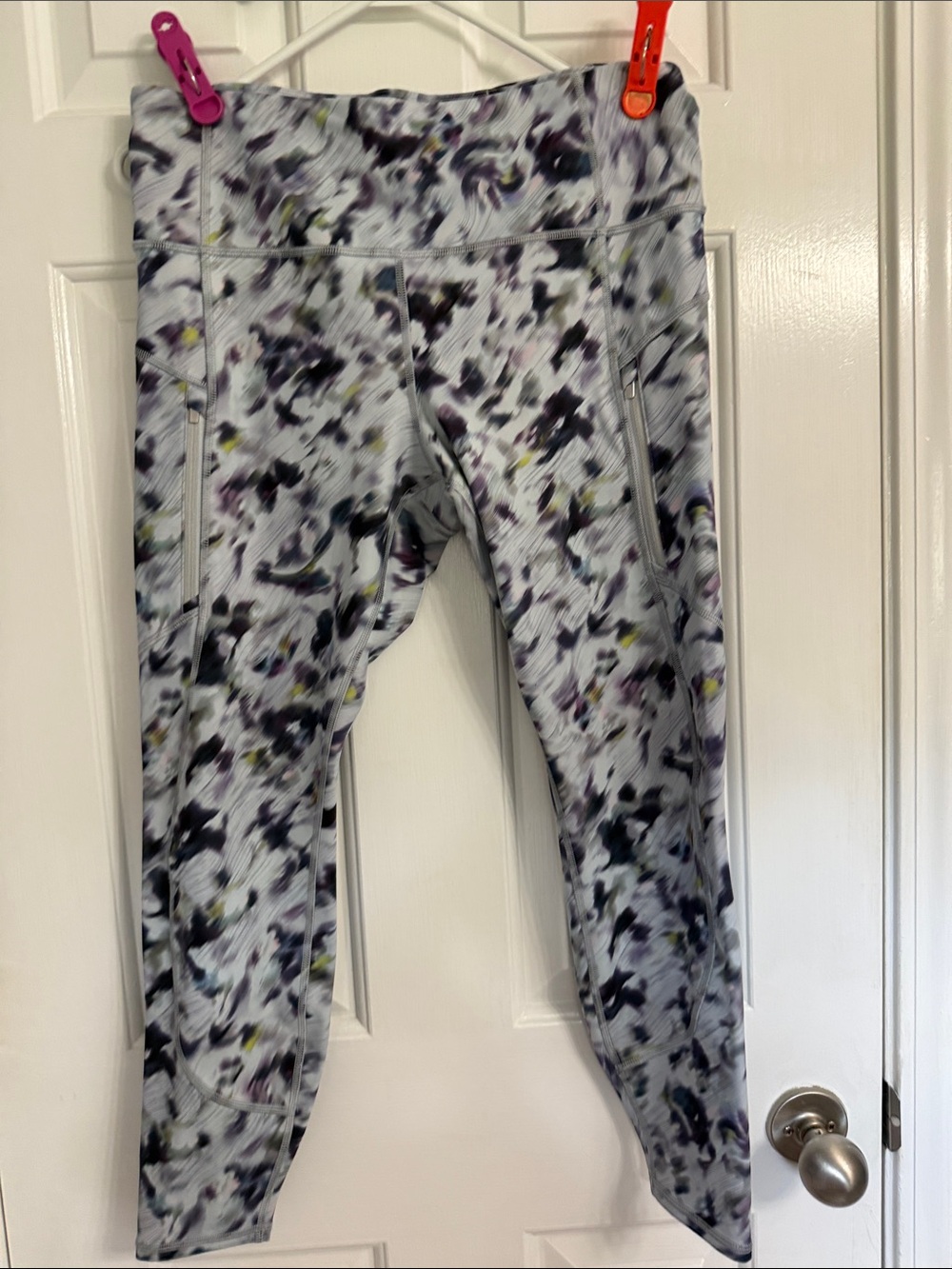 Athleta Rainier Purple and Lavender Watercolor Tights with Yellow Accents